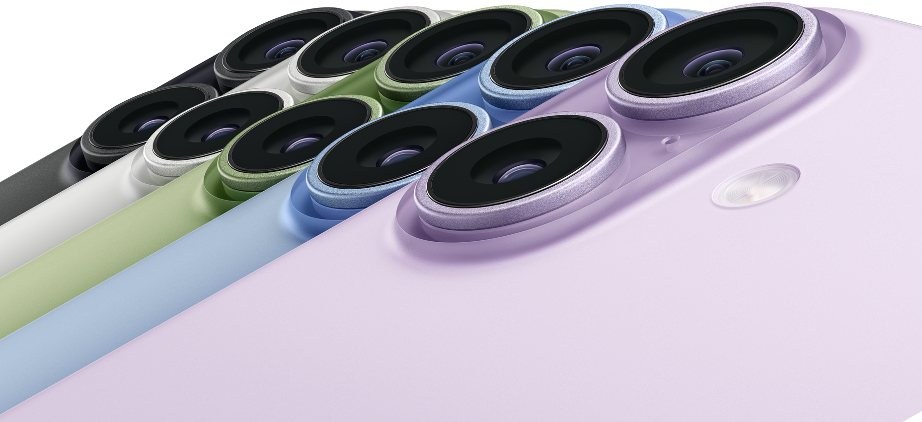 Vista traseira de cinco dispositivos iPhone 17, com sistema de câmara Dual Fusion no canto superior esquerdo, nas cores: preto, branco, verde sálvia, azul‑névoa e lavanda