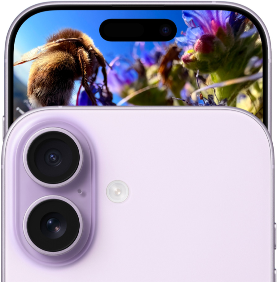 Vista frontal do iPhone 17 lavanda, e vista traseira, com sistema de câmara Dual Fusion