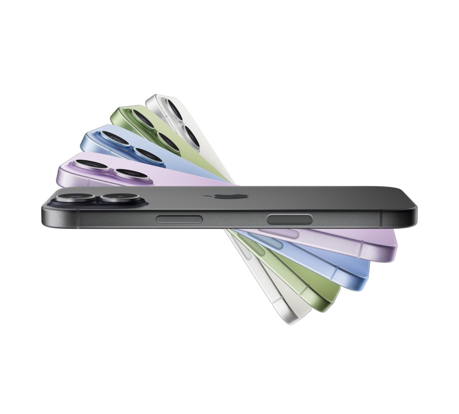 Dispositivos iPhone 17 dispostos em forma de leque, cores: preto, lavanda, azul‑névoa, verde sálvia, branco