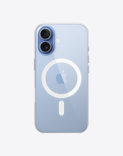 iPhone 17，展示機身背面，搭配 MagSafe 透明保護殻，秀出左上角的雙融合相機系統