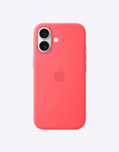 iPhone 17，展示機身背面，搭配亮芭樂紅色矽膠保護殼，秀出左上角的雙融合相機系統、中間的 Apple 標誌