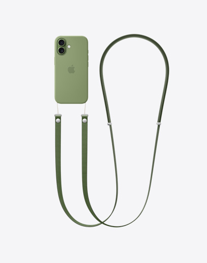 iPhone 17，展示機身背面，搭配綠色保護殼，並掛上綠色斜背掛繩