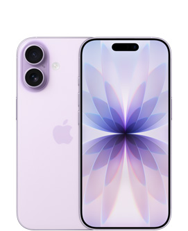 薰衣草紫色 iPhone 17，機身背面展示左上角的雙融合相機系統、中間的 Apple 標誌，機身正面展示頂部中間的動態島