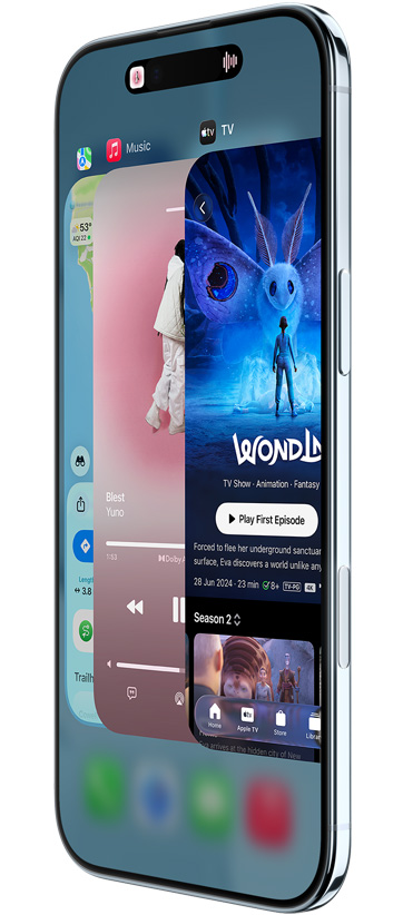 iPhone Air, priekšpuses skats, sānskats, ar Maps, Music un Apple TV aplikācijām, demonstrējot aplikāciju pārslēgšanas funkciju darbībā