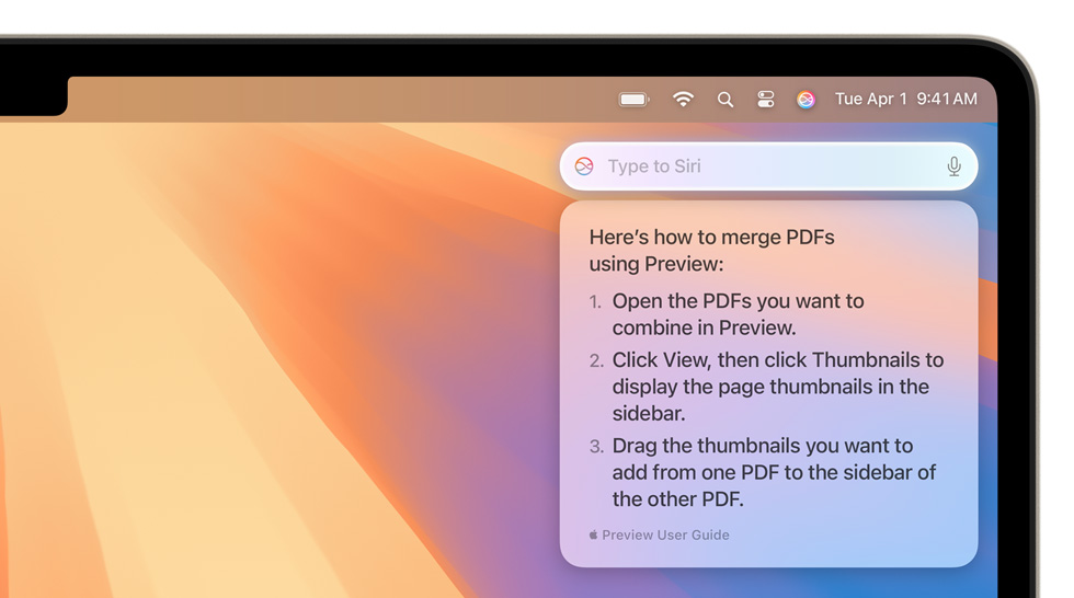 Text pop-up from Siri with information user was seeking about merging multiple PDFs.