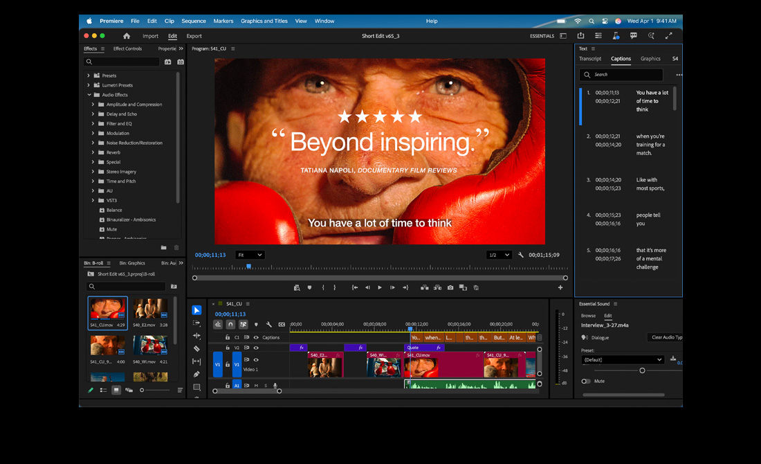 MacBook Pro-skærm, der viser en film med titlen Eternal Play blive redigeret i Adobe Premiere