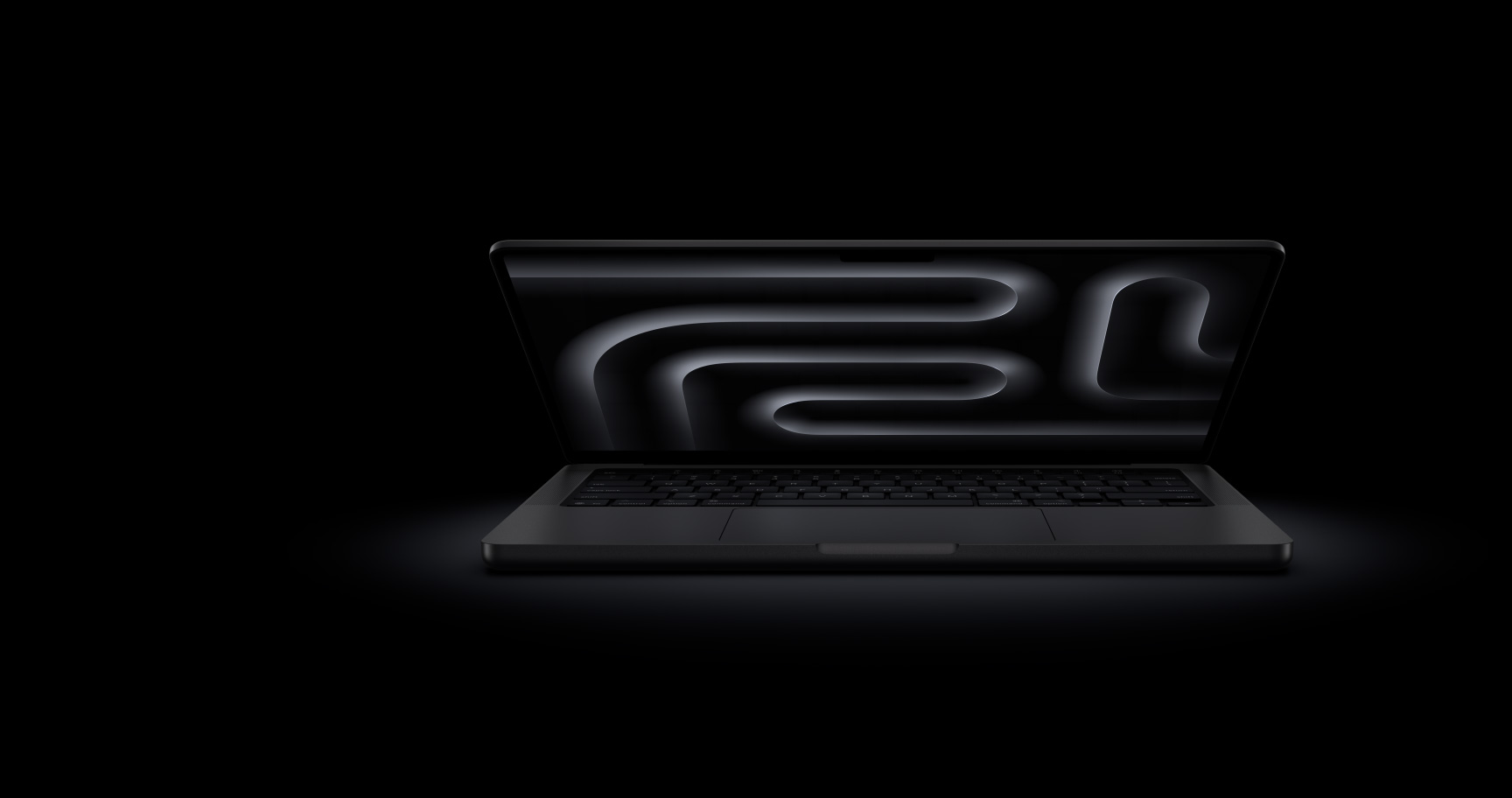 Vue de face d’un MacBook Pro ouvert en noir sidéral