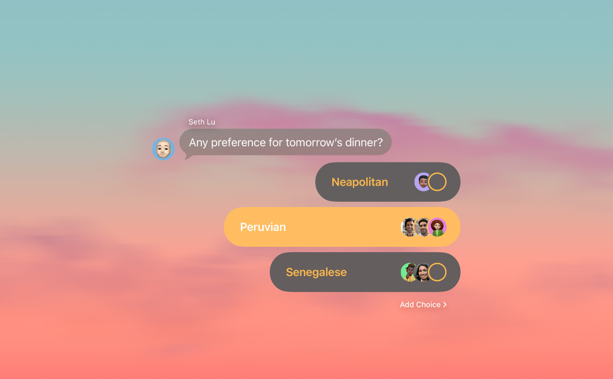 Funcionalidades de sondagens e fundos na app Mensagens, com pessoas numa conversa de grupo a votar na escolha de culinária para o jantar
