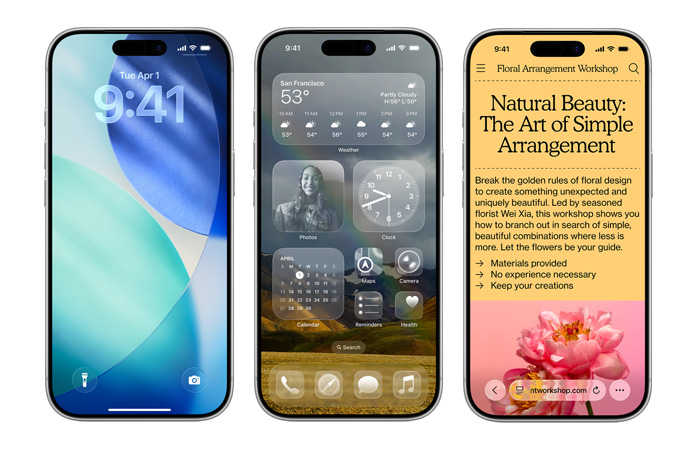 Dispositivos iPhone lado a lado a mostrar novos elementos de design no iOS, como o ecrã bloqueado com números das horas em Liquid Glass e ecrã principal com ícones de apps transparentes em Liquid Glass