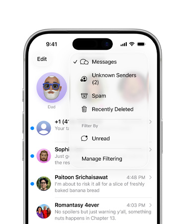 Vista parcial do ecrã do iPhone a mostrar a app Mensagens com a nova funcionalidade de ferramentas de filtro, que agora filtra números desconhecidos na secção Desconhecidos