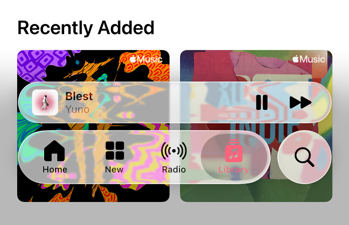 Controlos transparentes na Apple Music com efeito de refração no fundo