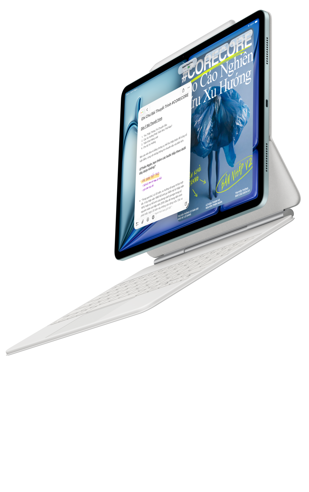 iPad Air gắn với Magic Keyboard cho iPad Air và Apple Pencil Pro